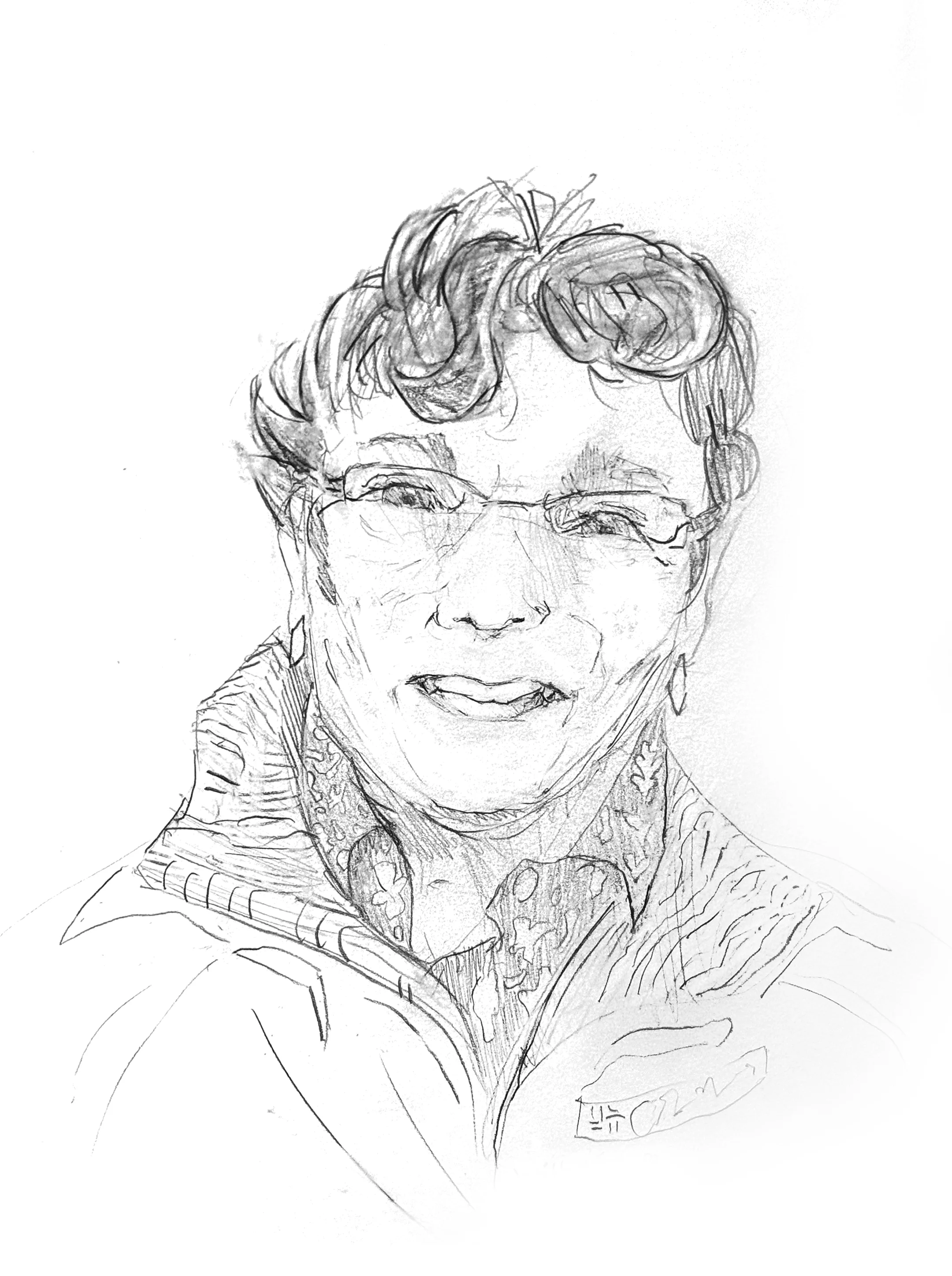 Pencil sketch of a smiling person with short, wavy hair and glasses. They wear a patterned shirt and jacket, conveying a warm, approachable mood.